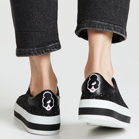 Alice + Olivia Shoes - Alice + Olivia Black Glitter Platform Slip-On Sneakers